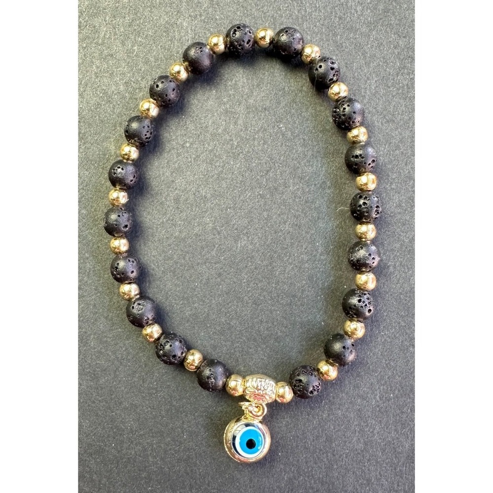 Natural Black Lava Stone Bracelet Blue Evil Eye‎ Stretch Bead Protection Unisex